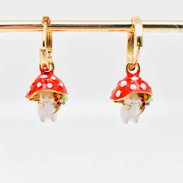 3D Enamel Cute Mushroom Huggie Hoop Earrings