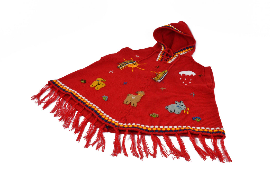 Child Poncho Applique with Hood Cotton Knit Sleeve Opening