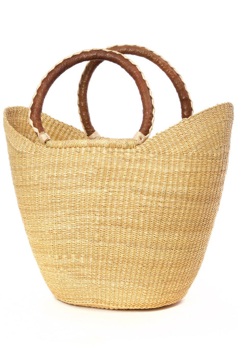 Natural Ghanaian Wing Shopper with Braided Brown Leather Handle