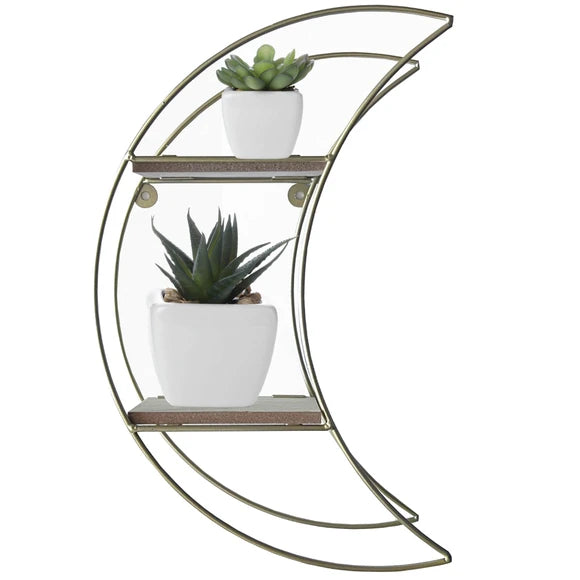 Crescent Moon Shaped 2-Tier Metal and Wood Shelf