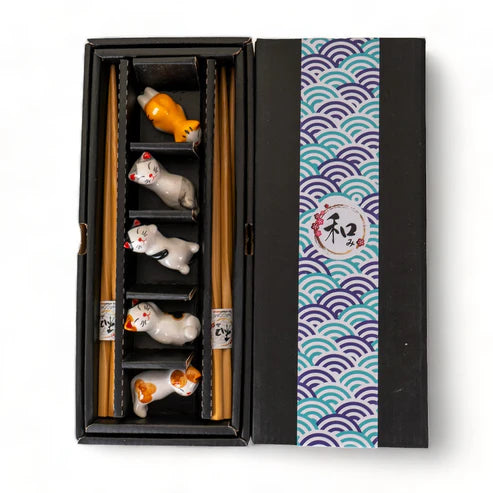5 Piece Chopsticks & Porcelain Chopsticks Rest Gift Set
