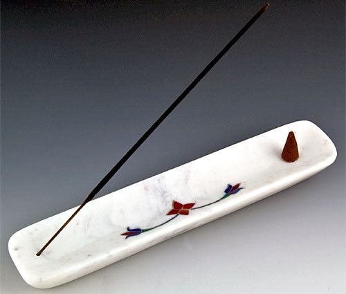 White Marble Incense Burner with Floral Inlay