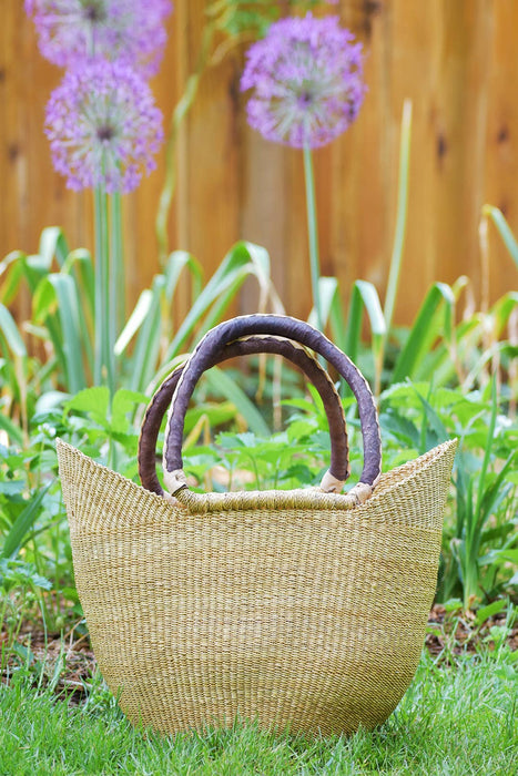 Natural Ghanaian Wing Shopper with Braided Brown Leather Handle