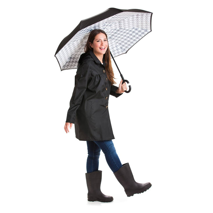 Houndstooth Inverted Umbrella, Black/Gray