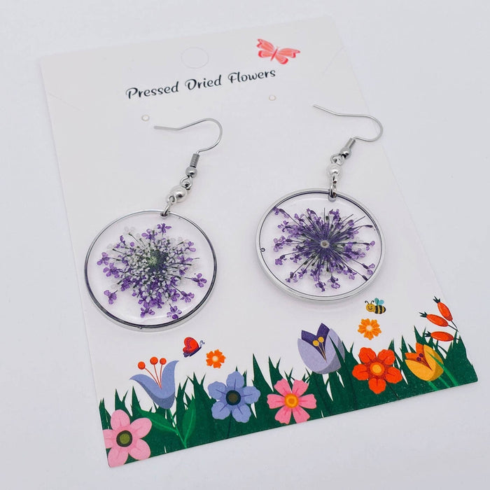 Queen Anne's Lace Round Pendant Dried Flowers Earrings