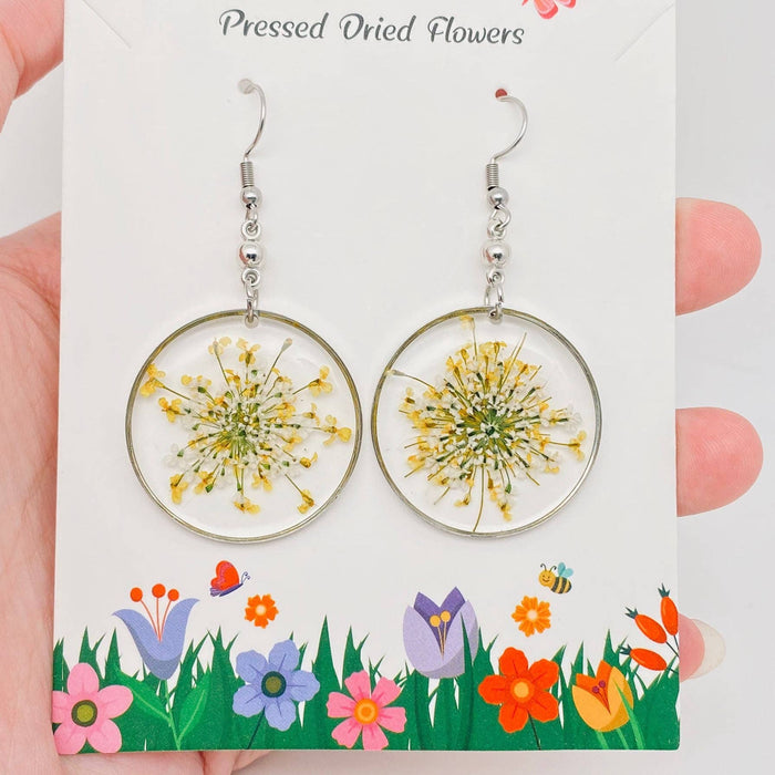 Queen Anne's Lace Round Pendant Dried Flowers Earrings