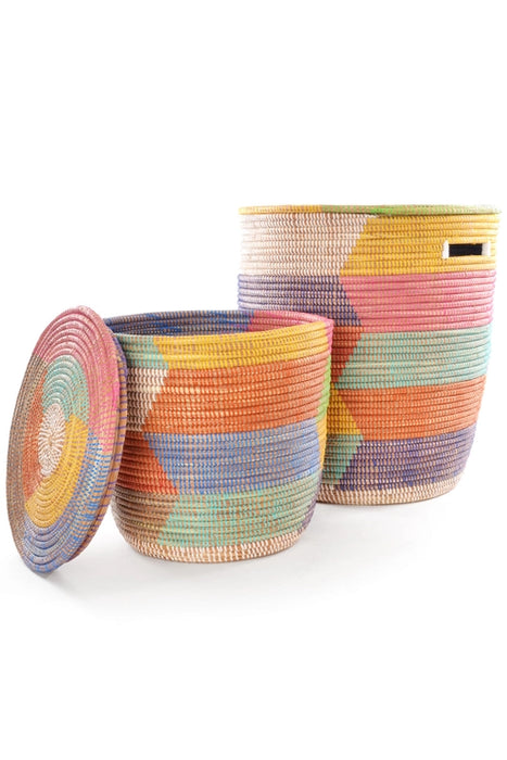 Flat Lid Rainbow Herringbone Storage Basket Hamper