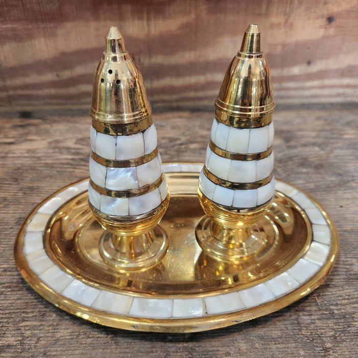 Brass Salt & Pepper Set w/Tray